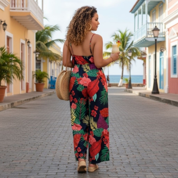 2XL Tropical Print Plus Size Jumpsuit Cami Straps Colorful Trendy Beach Vibes - Picture 3 of 10